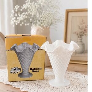 Vintage Daisy White Milk Glass Hobnail Ruffled Vase Cottage Farmhouse Decor